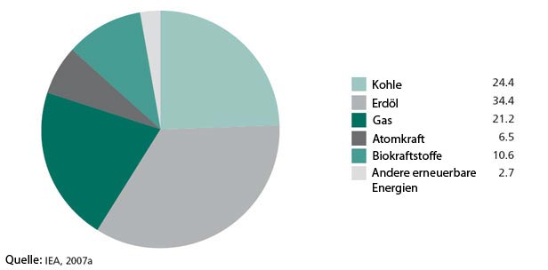 Anteil verschiedener Energiequellen in der weltweiten Gesamterzeugung von Primärenergie in 2004 (%)