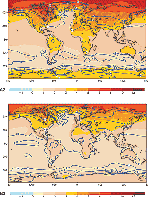 The annual mean change of the temperature (colour shading) and its range (isolines) 