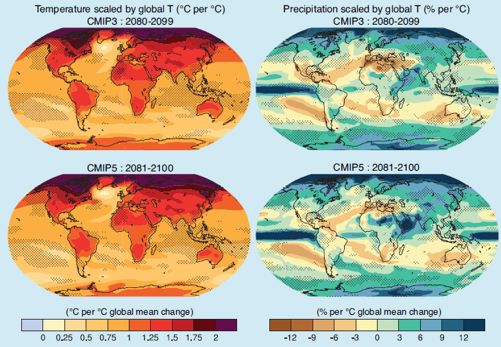 Patterns of temperature (left column) and percent precipitation change (right column) for the CMIP3 models average (first row) and CMIP5
                models average (second row)