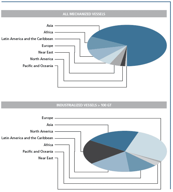 Distribution of fishing vessels by region in 2006