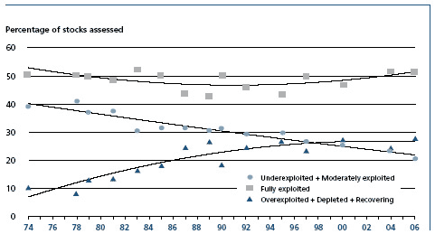 Global trends in the state of the world marine stocks since 1974