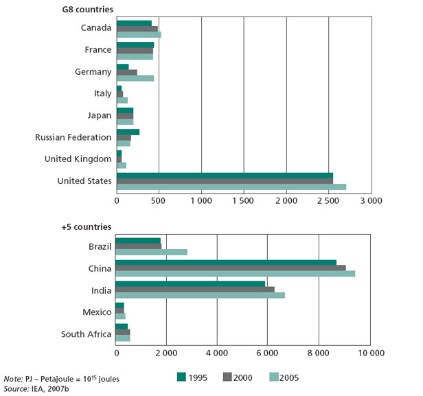 Total primary energy supply from biofuels for G8+5 countries