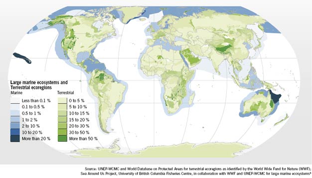 Degree of protection of terrestrial ecoregions and large marine ecosystems