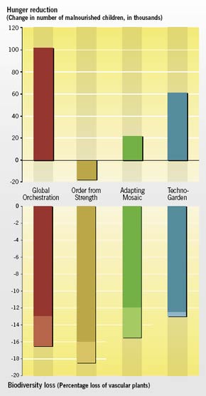 Outcomes for hunger reduction and biodiversity loss under the Millennium Ecosystem Assessment scenarios.