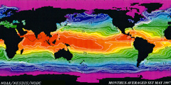 Graphic of sea surface temperatures show El Niño, May 1997.