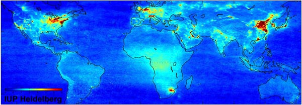 The map below illustrates regions where traffic and fuel combustion
								contribute to NO2 air pollution. It shows the mean ground level
								nitrogen dioxide (NO2) concentration between January 2003 and June
								2004, as measured by Satelite.