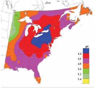 Five-year mean of the pH level in rainfall in the eastern regions of Canada and the US