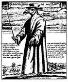 Médico que asistía a las víctimas de la peste en Roma, grabado por
                                Paul Fürst, 1656