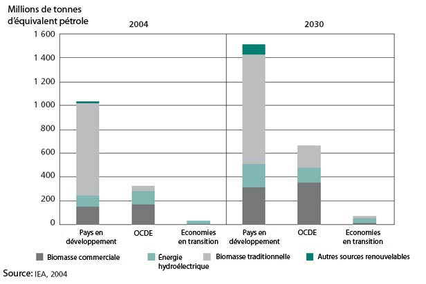Consommation mondiale d’énergie renouvelable ventilée par région en 2002 
                    et projection à l’horizon 2030