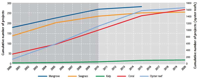 Cumulative reported marine restoration projects between 2000 and 2020. 