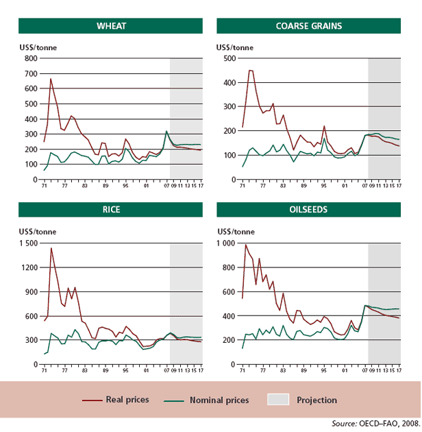 Food commodity price trends 1971–2007, with projections to 2017