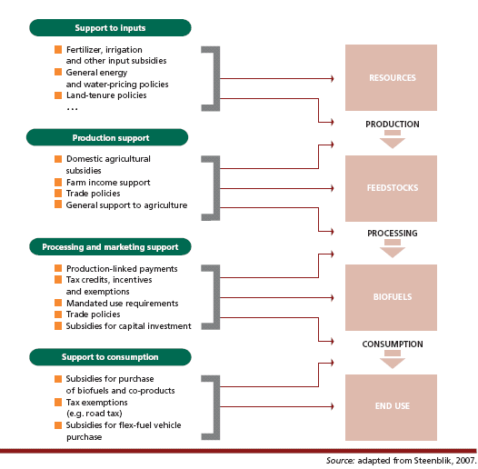 Support provided at different points in the biofuel supply chain Support
                    provided at different points in the biofuel supply chain