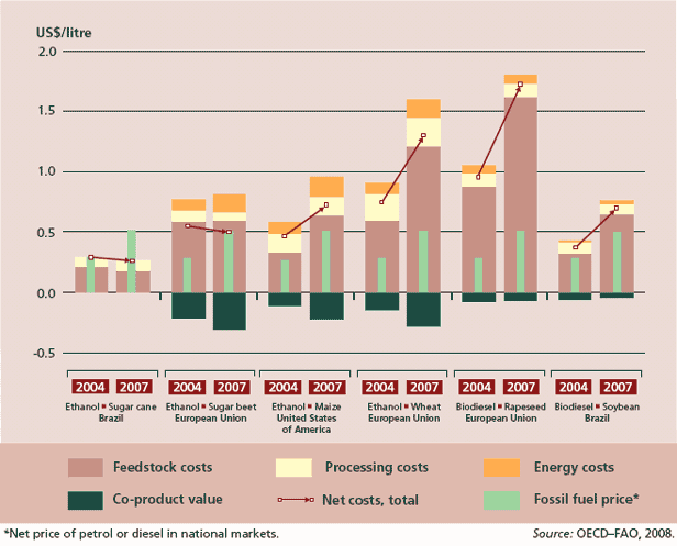 Biofuel production costs in selected countries, 2004 and 2007