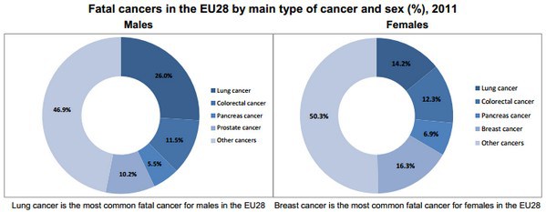 Fatal cancers in the EU28 by main type of cancer and sex (%), 2011