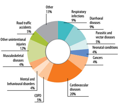 Main diseases contributing to the environmental burden of disease,
								all ages, world, 2012