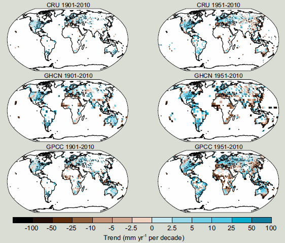 Maps of observed precipitation change over land from 1901 to 2010 and 1951 to 2010