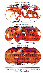 Change in surface temperature over 1901-2012 as
                                            determined by linear trend for three data sets