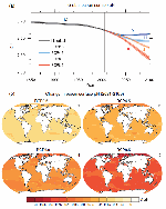 Timeseries (model averages and min-max ranges) and maps
                                            of multi-model surface ocean pH for the scenarios
                                            RCP2.6, RCP4.5, RCP6.0 and RCP8.5 in 2081–2100. The maps
                                            in show change in global ocean surface pH in 2081-2100
                                            relative to 1986–2005