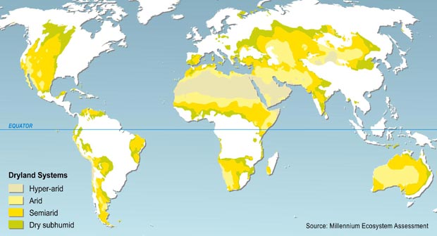 Overlap of Urban Areas with the Four Dryland Categories