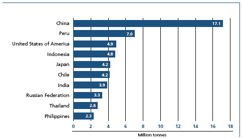Marine and inland capture fisheries: top ten producer countries in 2006