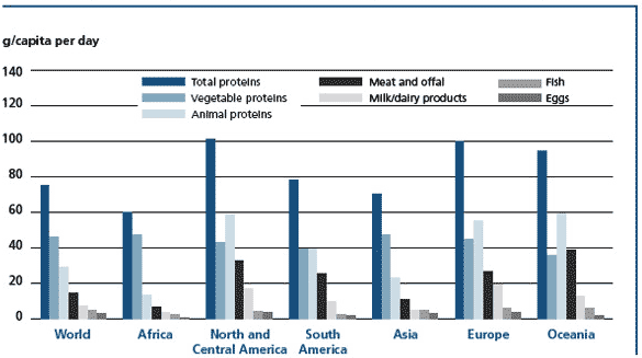 Total protein supply by continent and major food group (2003-05 average)
