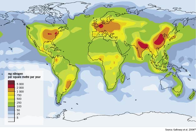 Estimated total reactive nitrogen deposition from the atmosphere (wet and dry) (early 1990s)