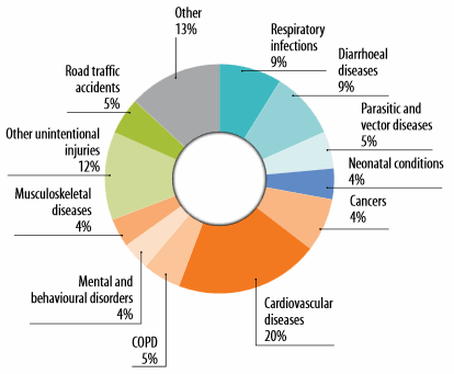 Main diseases contributing to the environmental burden of disease,
								all ages, world