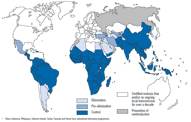 Malaria-free countries and malaria-endemic countries in phases of control,
                    pre-elimination, elimination and prevention of reintroduction (end 2007).