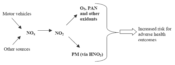 Simplified relationship of nitrogen oxides emissions with
                                        formation of NO2 and other harmful reaction products
                                        including O3 and PM