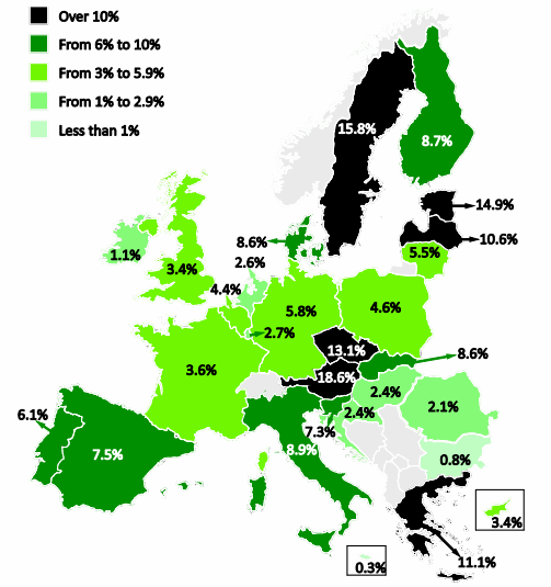 Share of organic area in the total utilised agricultural area (%), 2012