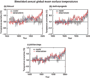 Simulated annual global mean surface temperatures