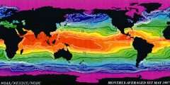 Représentation graphique des températures à la surface des mers
							illustrant le phénomène El Niño, mai 1997.