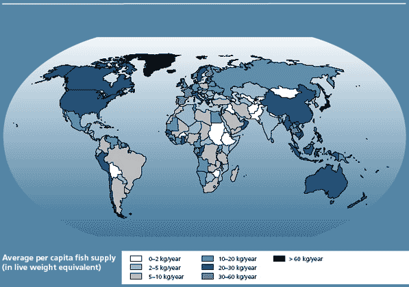 Vis als voedsel: verbruik per hoofd van de bevolking (gemiddelde 2003-2005)